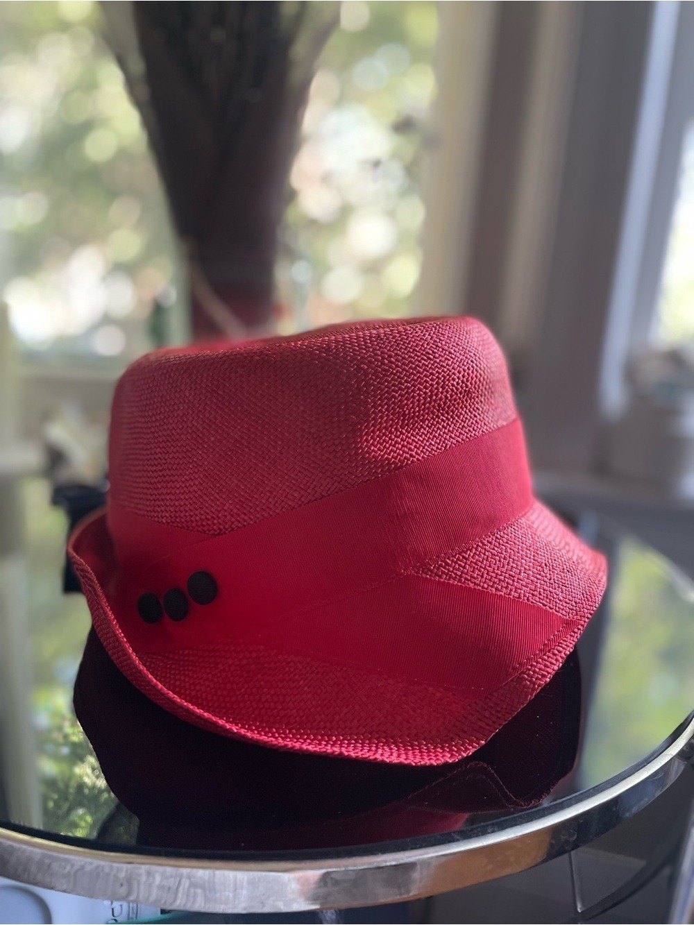 Women's Red Straw Fedora Hat with Ribbon Band and Button Detail